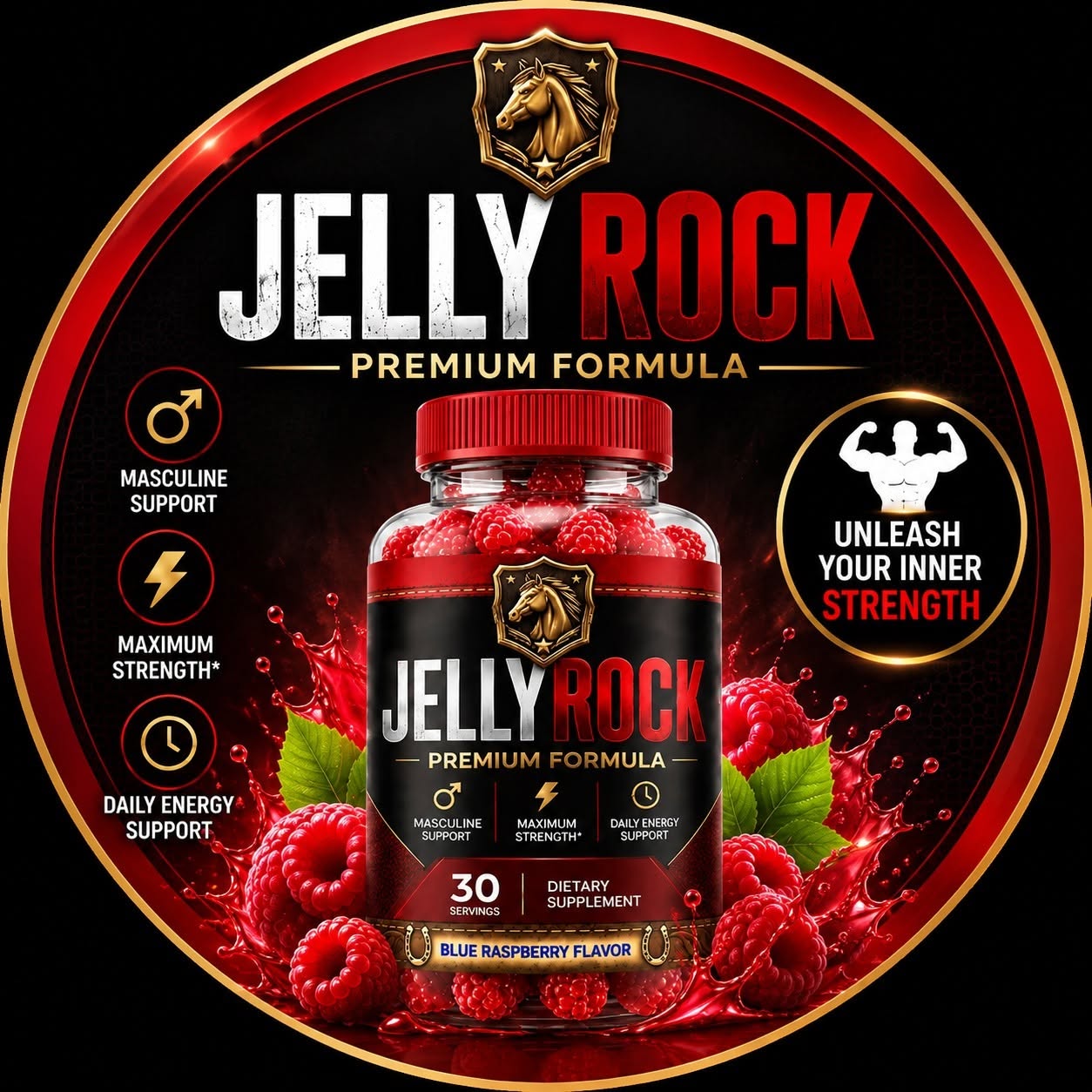 Jelly Rock Premium Formula product badge highlighting masculine support, maximum strength, and daily energy support