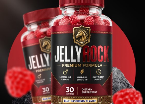 Two bottles of Jelly Rock Premium Formula blue raspberry gummies with fresh raspberries